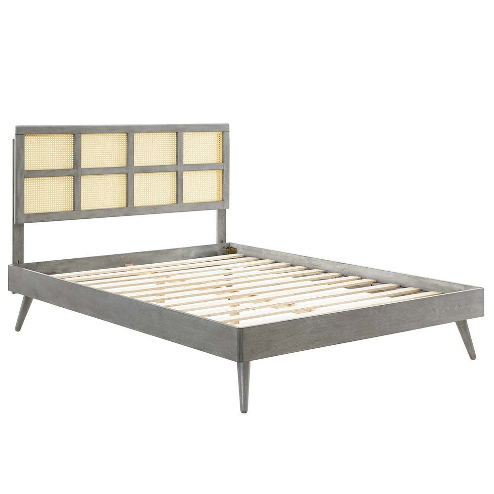 Modway Sidney Cane Rattan and Wood Queen Platform Bed in Gray with Splayed Legs MDY-MOD-6370-GRY