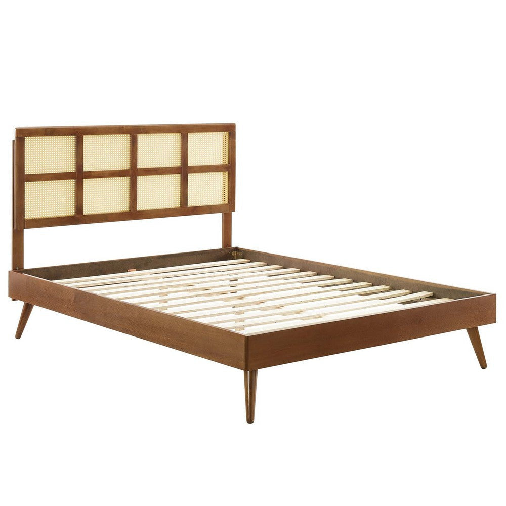 Modway Sidney Cane Rattan and Wood Queen Platform Bed in Walnut with Splayed Legs MDY-MOD-6370-WAL