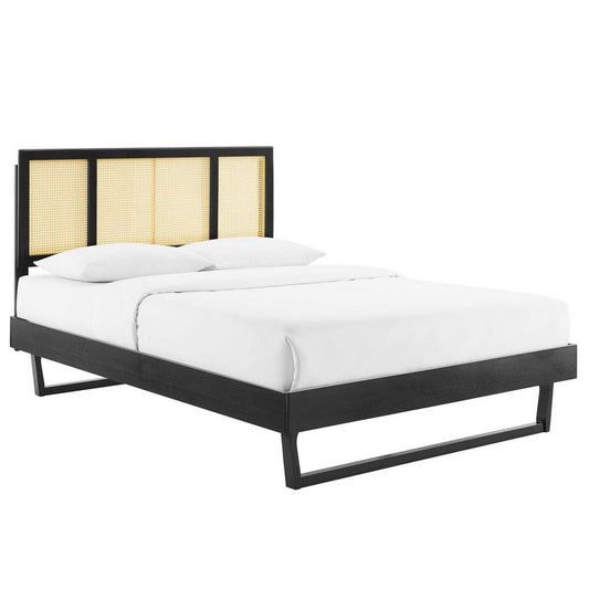 Modway Kelsea Cane and Wood Queen Platform Bed with Angular Legs in Black