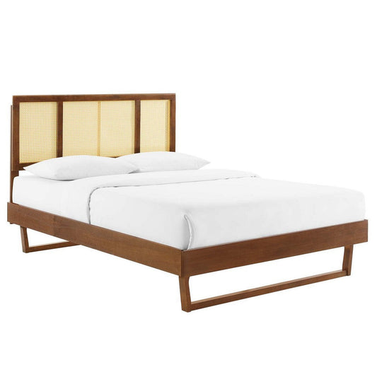 Modway Kelsea Cane and Wood Queen Platform Bed with Angular Legs in Walnut