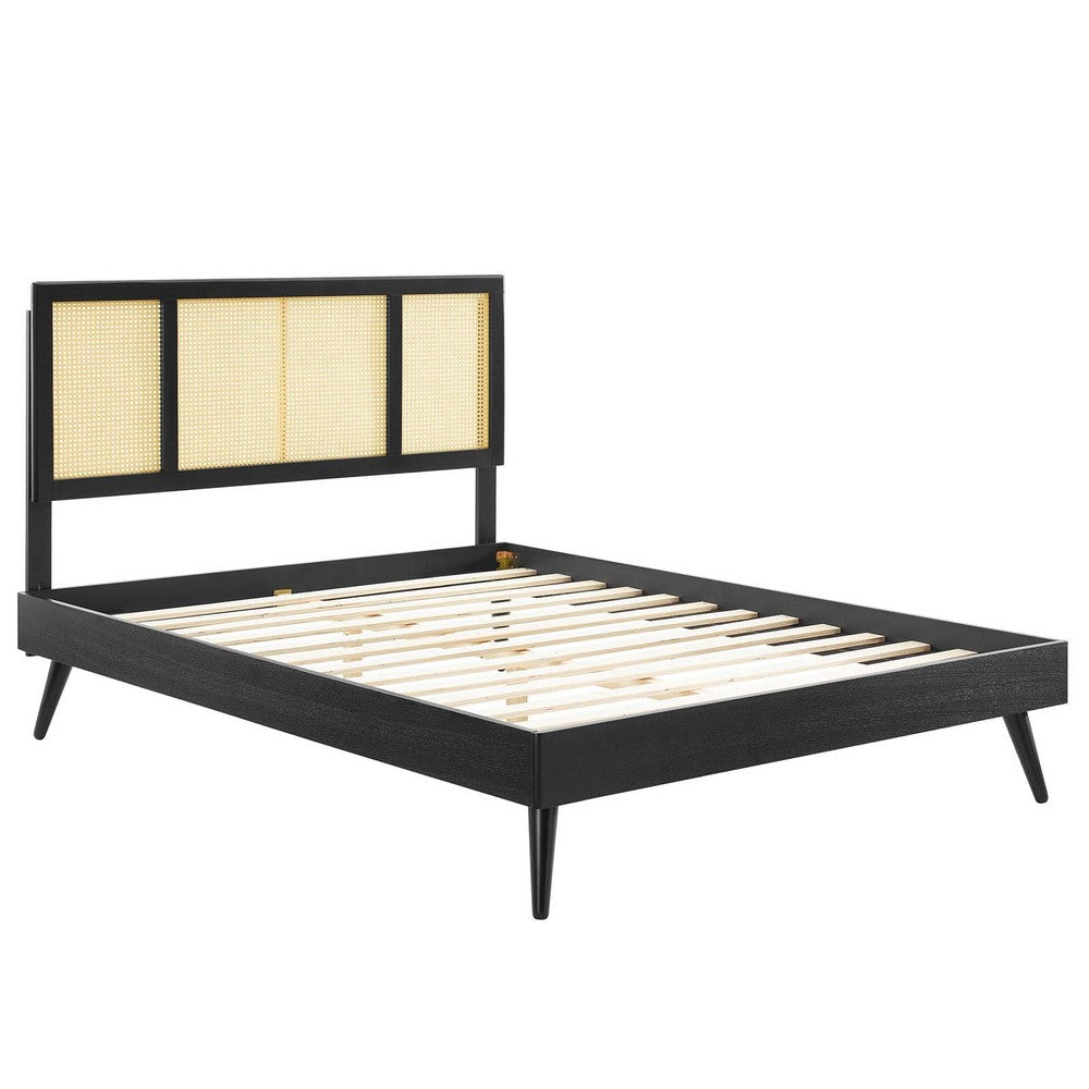 Modway Kelsea Cane and Wood Queen Platform Bed with Splayed Legs in Black MDY-MOD-6373-BLK