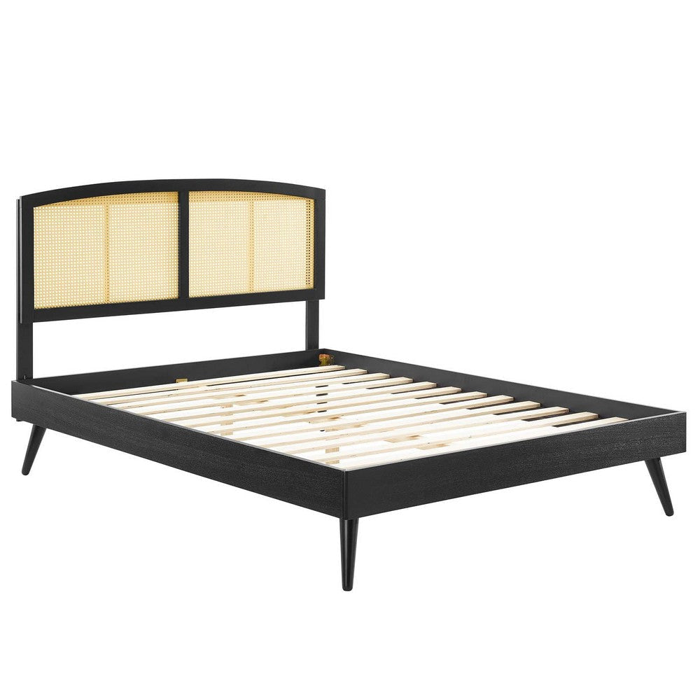 Modway Sierra Cane and Wood Queen Platform Bed with Splayed Legs in Black MDY-MOD-6376-BLK