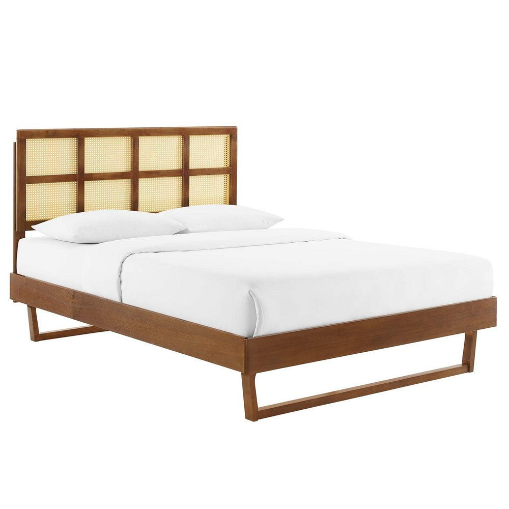 Modway Sidney Cane Rattan and Wood King Platform Bed in Walnut with Angular Legs