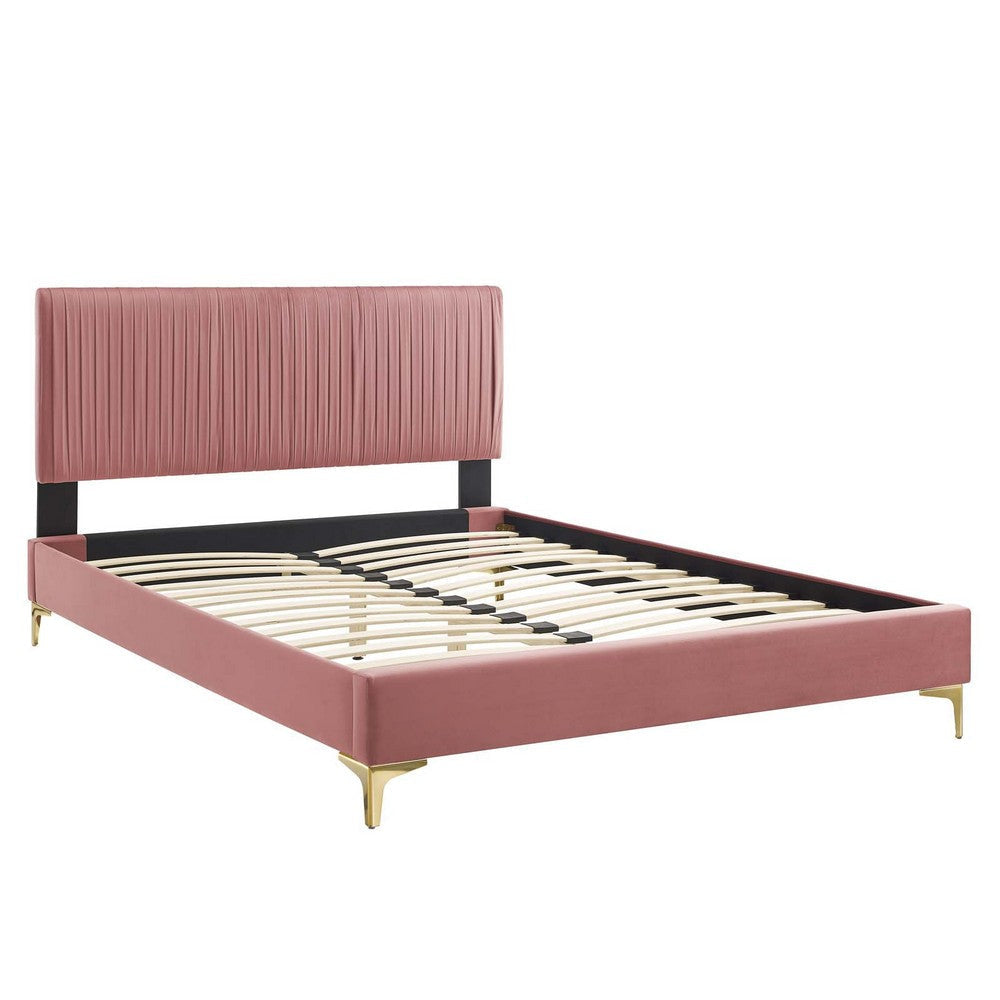 Modway Peyton Channel Tufted Performance Velvet Queen Platform Bed in Dusty Rose with Gold Metal Legs MDY-MOD-6595-DUS