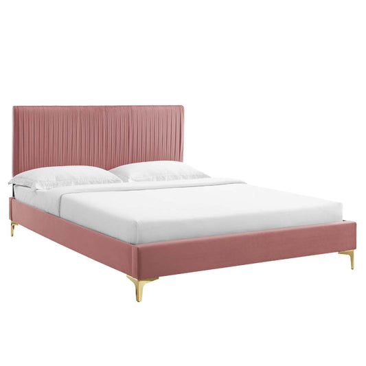 Modway Peyton Channel Tufted Performance Velvet Queen Platform Bed in Dusty Rose with Gold Metal Legs