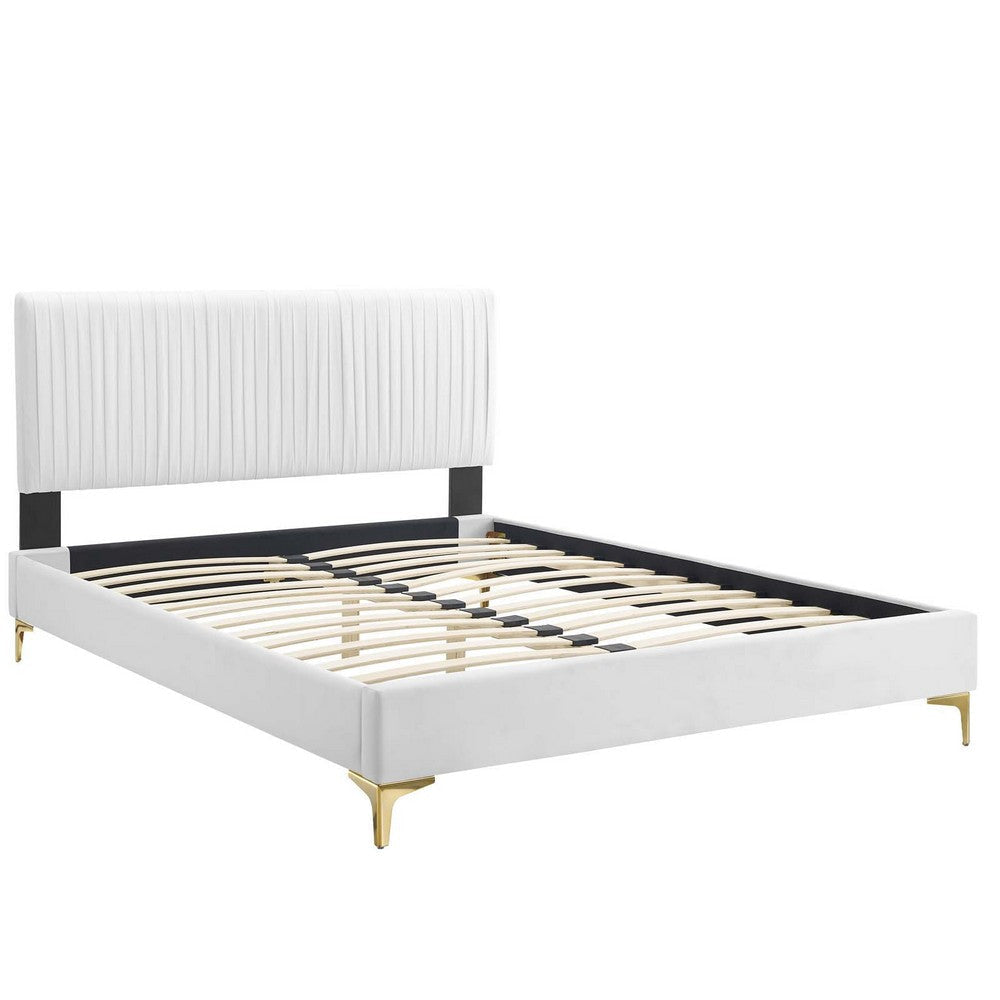 Modway Peyton Channel Tufted Performance Velvet Queen Platform Bed in White with Gold Metal Legs MDY-MOD-6595-WHI