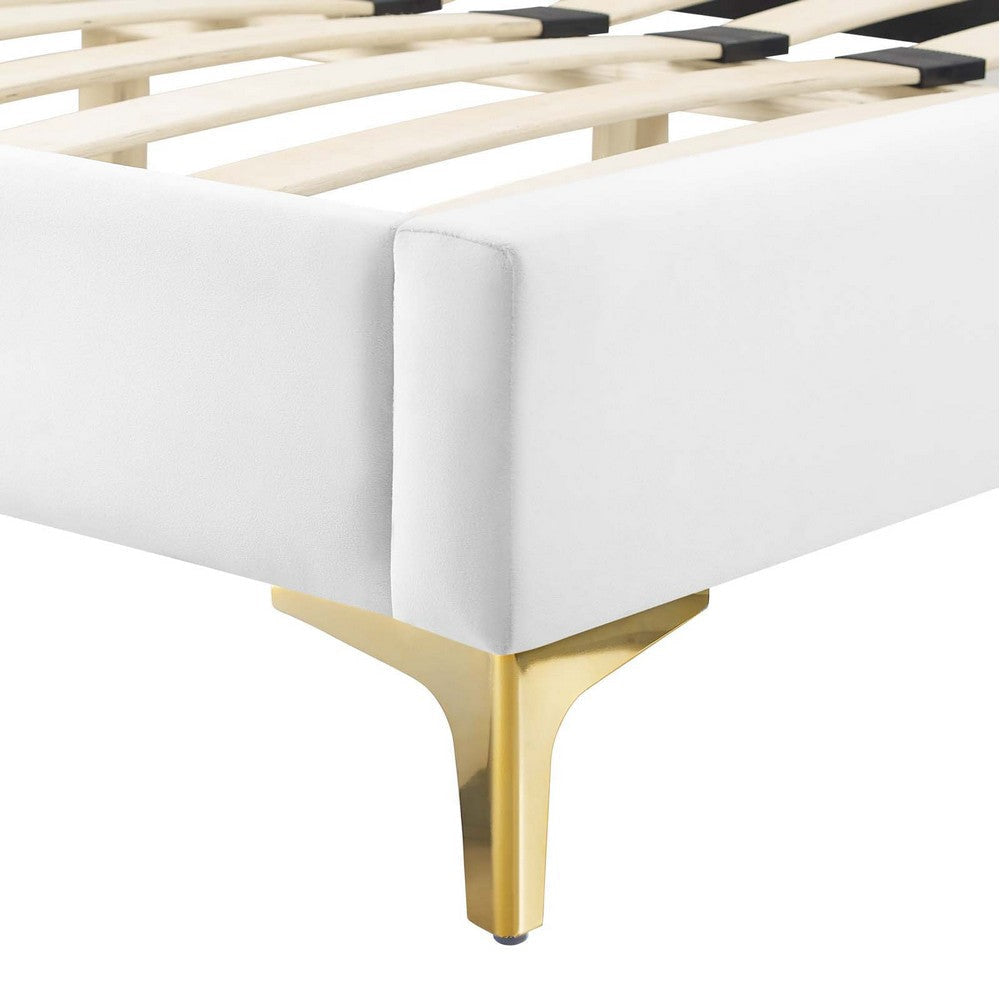 Modway Peyton Channel Tufted Performance Velvet Queen Platform Bed in White with Gold Metal Legs MDY-MOD-6595-WHI