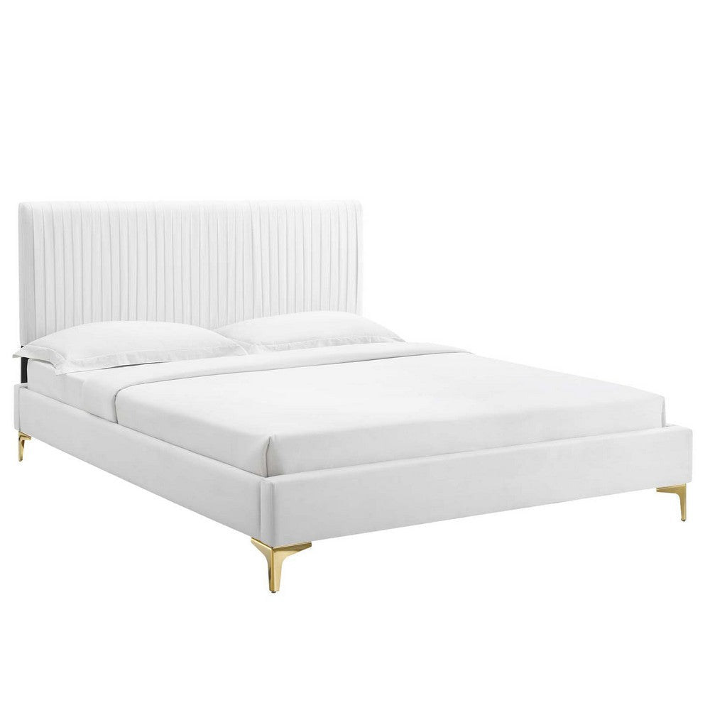 Modway Peyton Channel Tufted Performance Velvet Queen Platform Bed in White with Gold Metal Legs