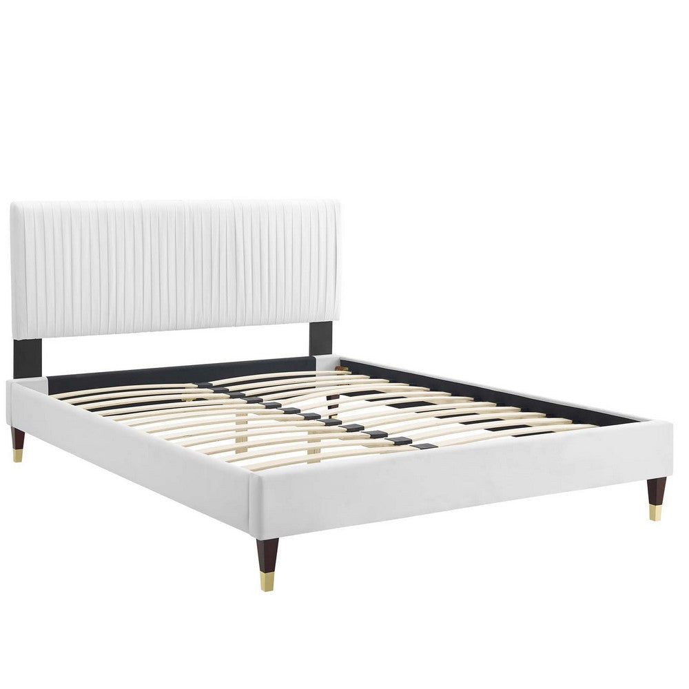 Modway Peyton Channel Tufted Performance Velvet Queen Platform Bed in White with Wood and Gold Legs MDY-MOD-6596-WHI