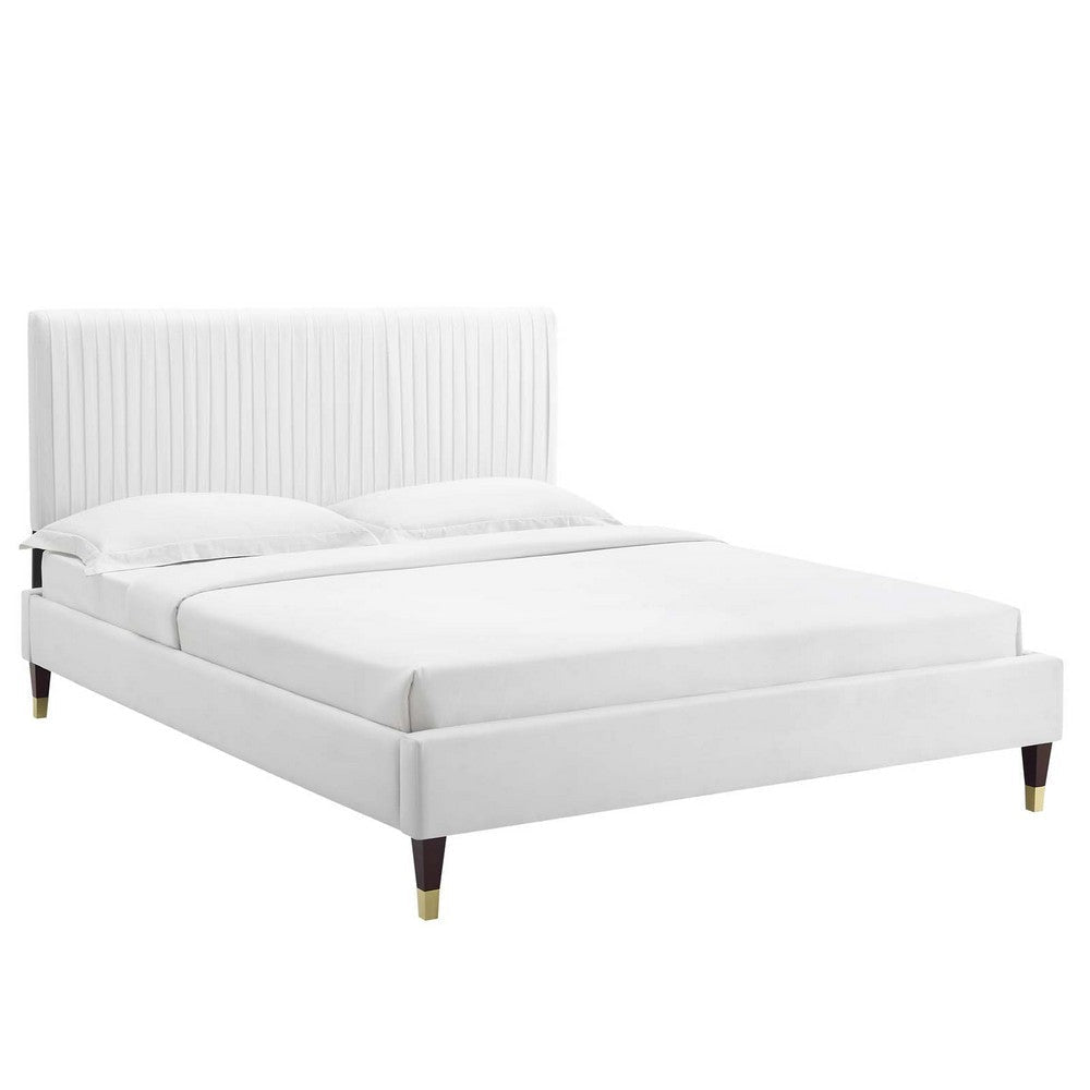 Modway Peyton Channel Tufted Performance Velvet Queen Platform Bed in White with Wood and Gold Legs