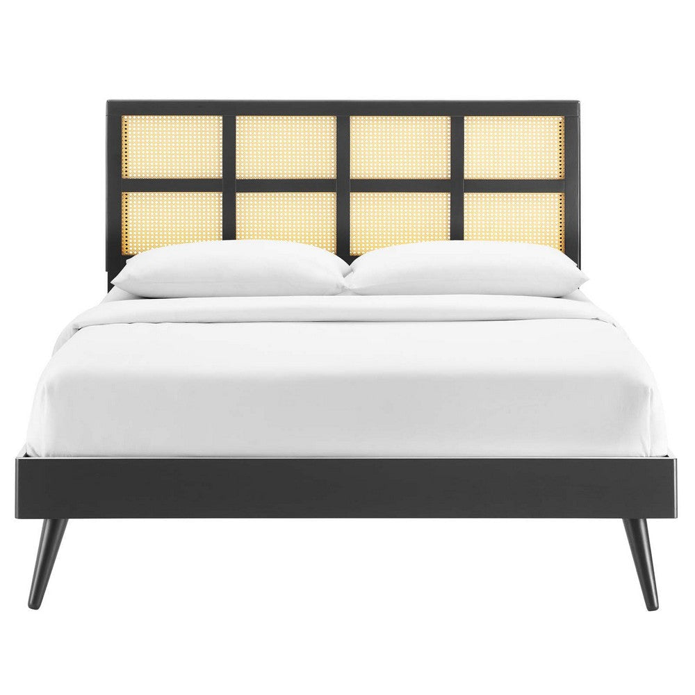 Modway Sidney Cane Rattan and Wood King Platform Bed in Black with Splayed Legs MDY-MOD-6694-BLK