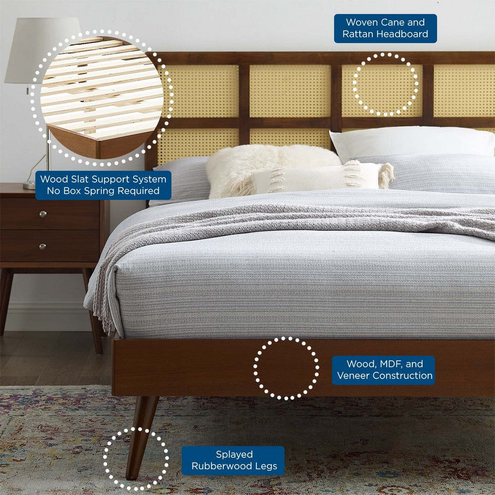 Modway Sidney Cane Rattan and Wood King Platform Bed in Walnut with Splayed Legs MDY-MOD-6694-WAL