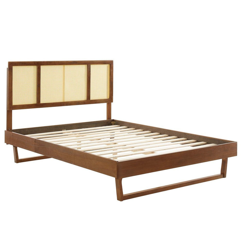 Modway Kelsea Cane and Wood Full Platform Bed with Angular Legs in Walnut MDY-MOD-6695-WAL