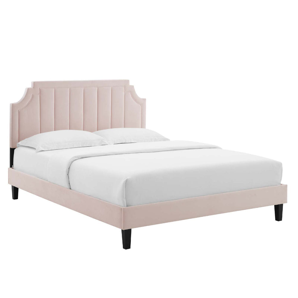 Modway Sienna Performance Velvet Queen Platform Bed in Pink