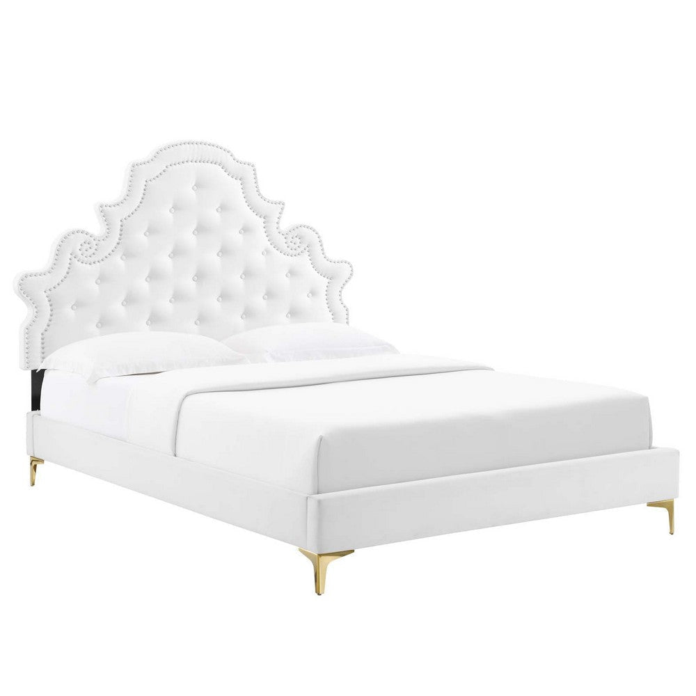 Modway Gwyneth Tufted Performance Velvet Queen Platform Bed in White with Gold Metal Legs