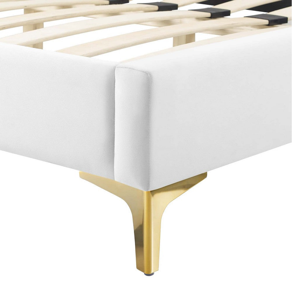 Modway Gwyneth Tufted Performance Velvet Queen Platform Bed in White with Gold Metal Legs MDY-MOD-6751-WHI