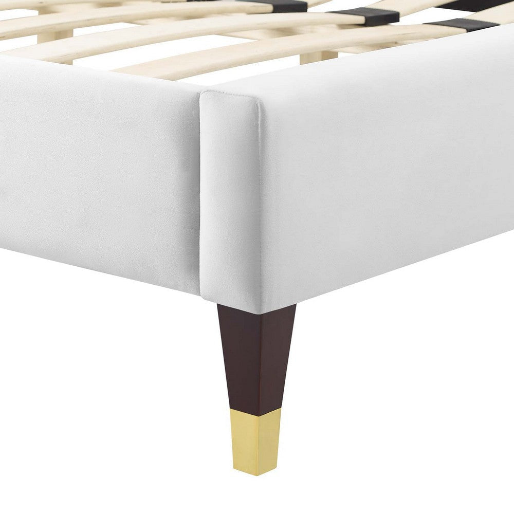 Modway Gwyneth Tufted Performance Velvet Platform Bed with Wood and Gold Legs Queen White MDY-MOD-6752-WHI