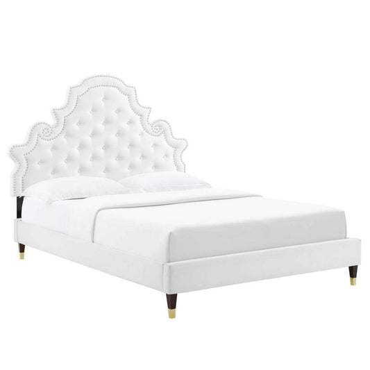 Modway Gwyneth Tufted Performance Velvet Platform Bed with Wood and Gold Legs, Queen, White