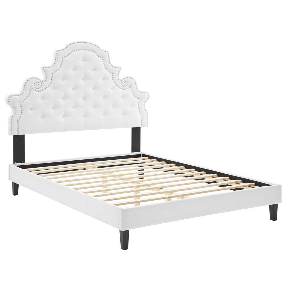 Modway Gwyneth Tufted Performance Velvet Queen Platform Bed in White with Black Wood Legs MDY-MOD-6753-WHI