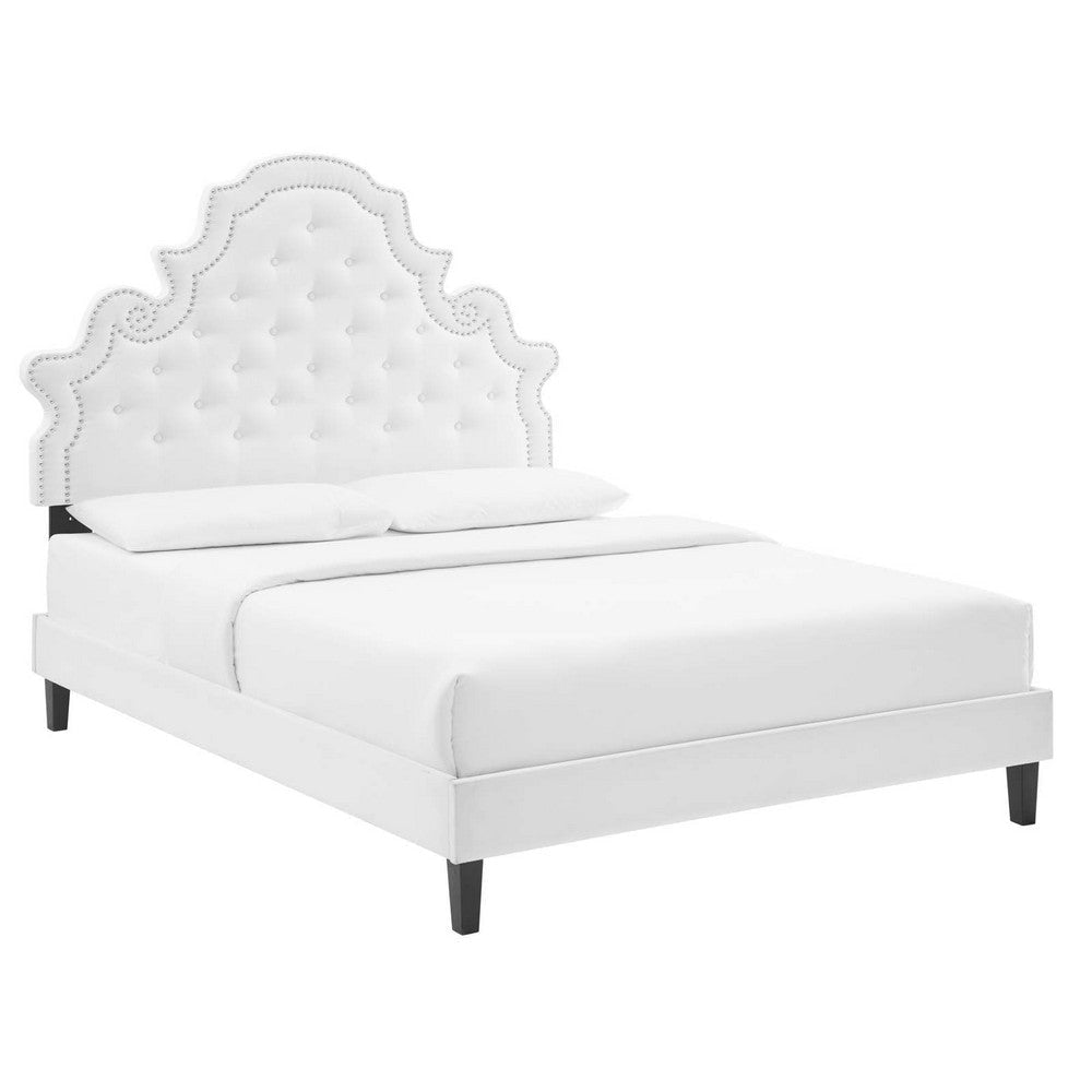 Modway Gwyneth Tufted Performance Velvet Queen Platform Bed in White with Black Wood Legs