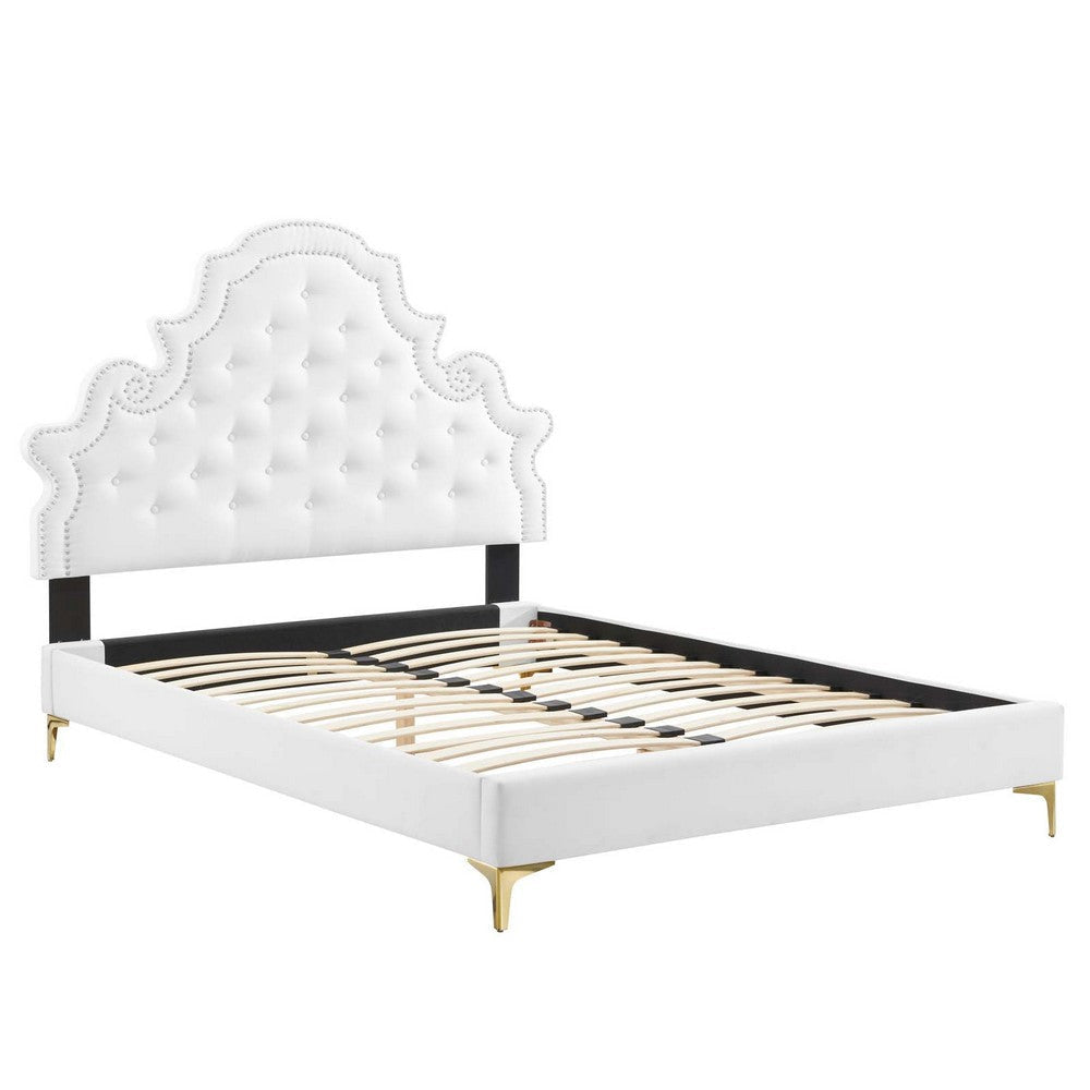 Modway Gwyneth Tufted Performance Velvet Twin Platform Bed in White with Gold Metal Legs MDY-MOD-6754-WHI