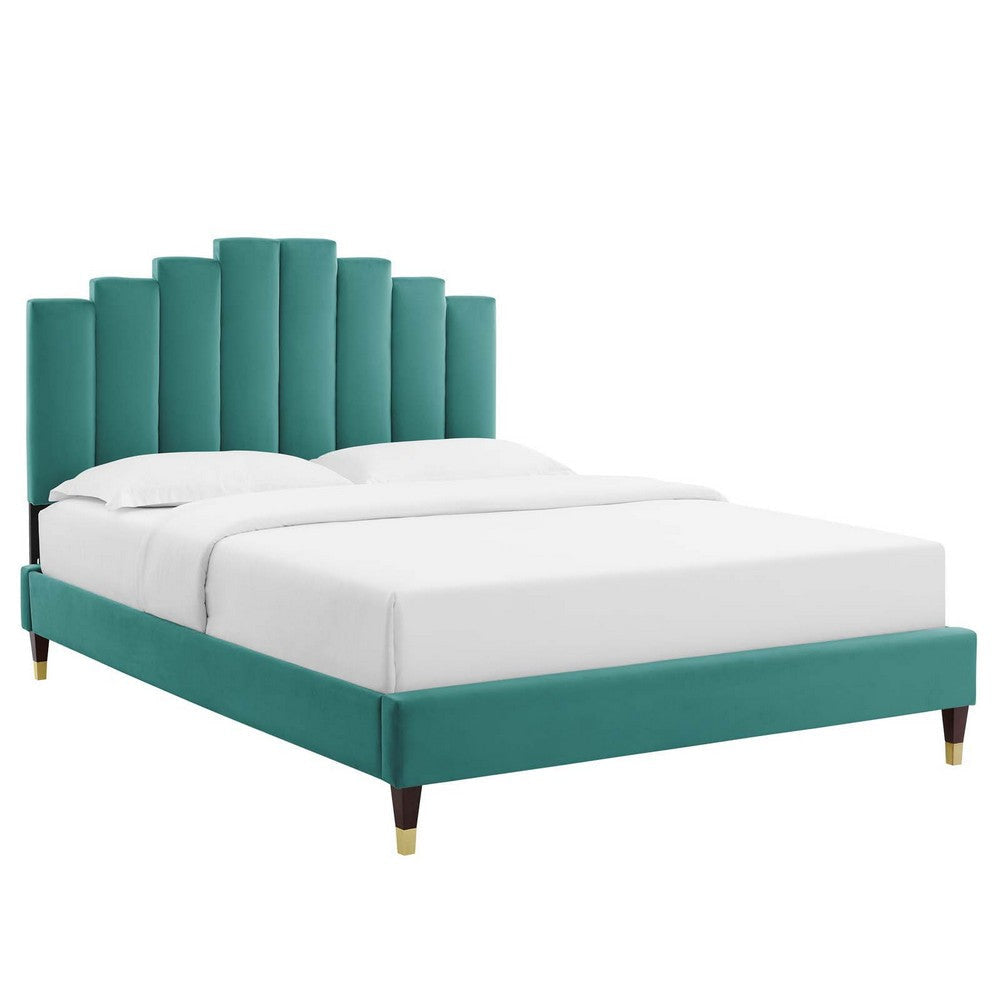 Modway Elise Channel Tufted Performance Velvet Full Platform Bed in Teal with Gold Legs