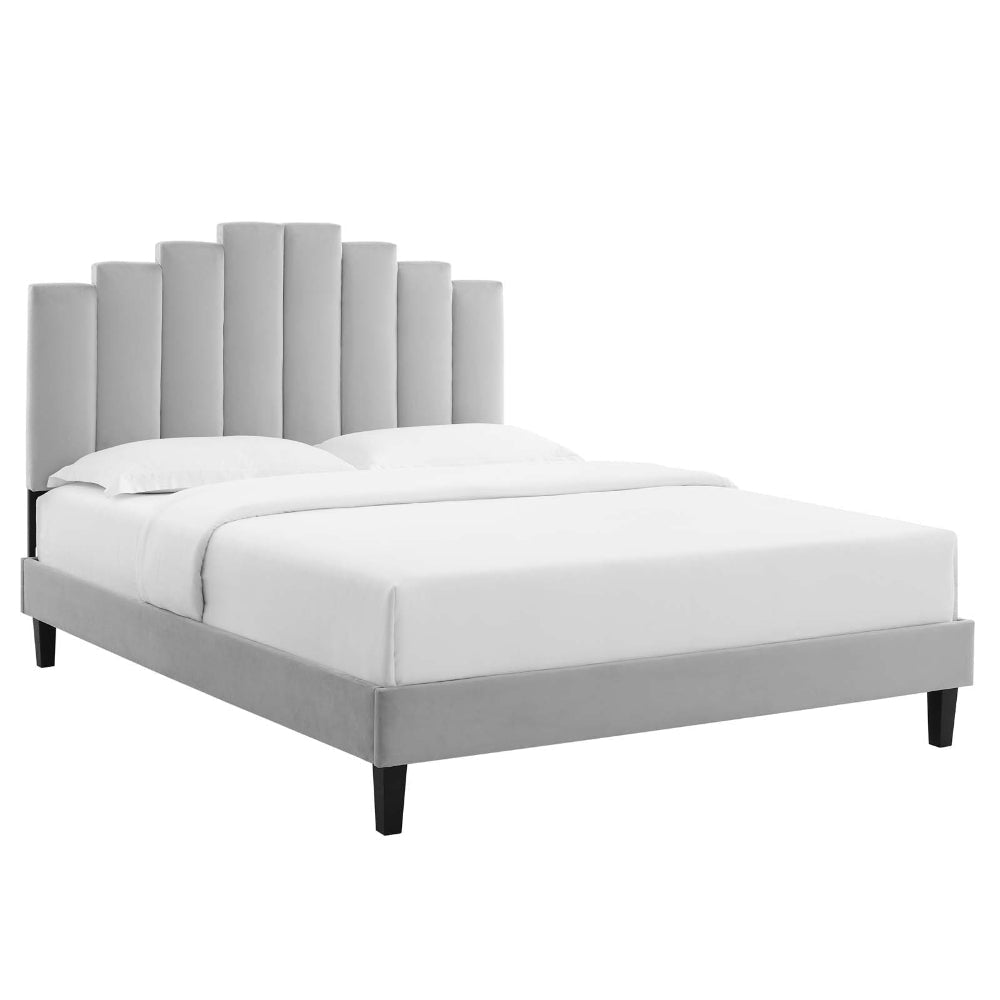 Modway Elise Channel Tufted Performance Velvet Full Platform Bed in White with Black Wood Legs, Twin, Light Gray