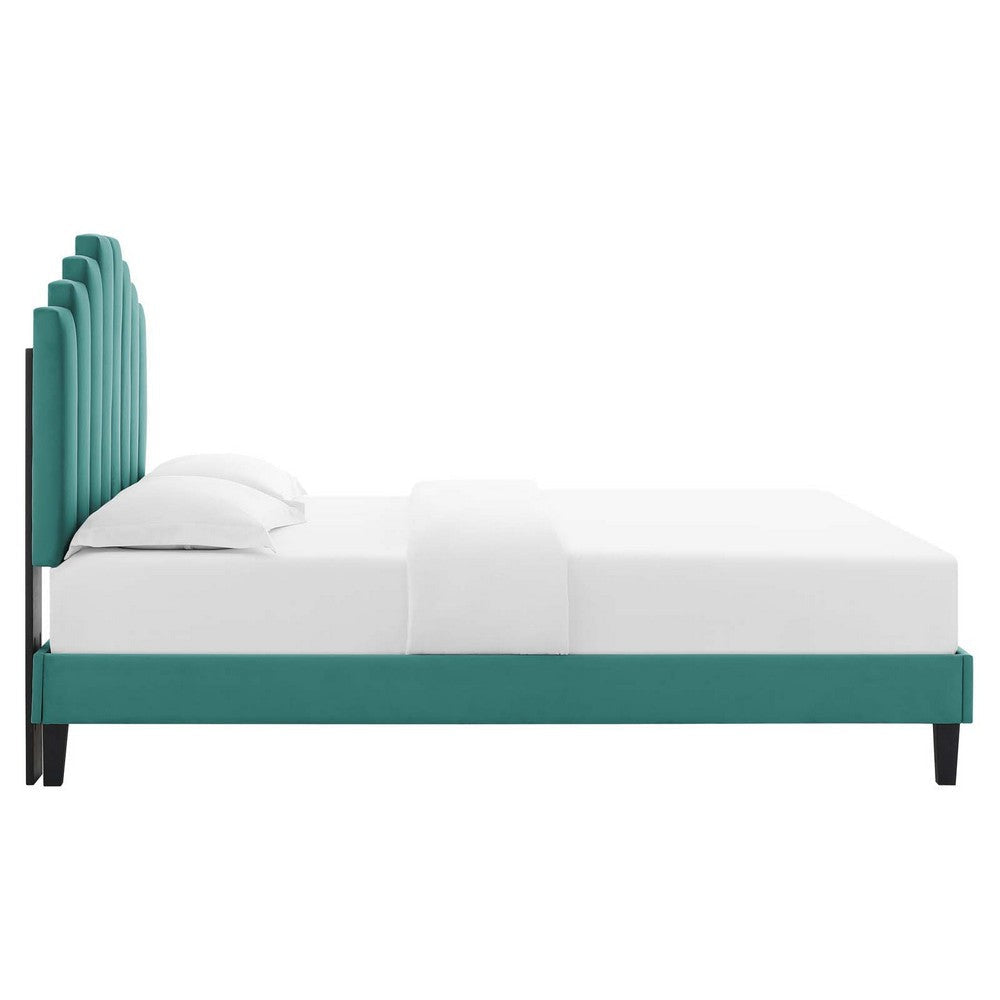 Modway Elise Channel Tufted Performance Velvet Full Platform Bed in White with Black Wood Legs Twin Teal MDY-MOD-6876-TEA