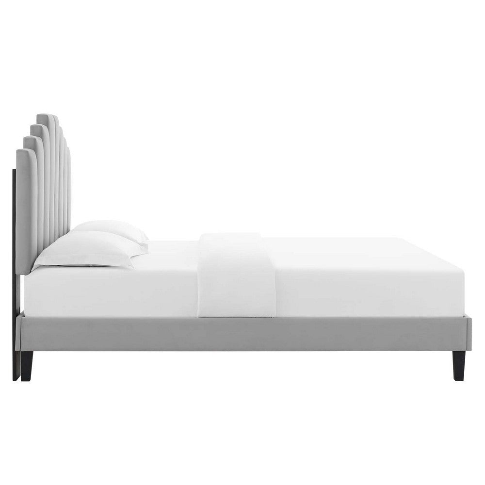 Modway Elise Channel Tufted Performance Velvet Full Platform Bed in White with Black Wood Legs Light Gray MDY-MOD-6877-LGR