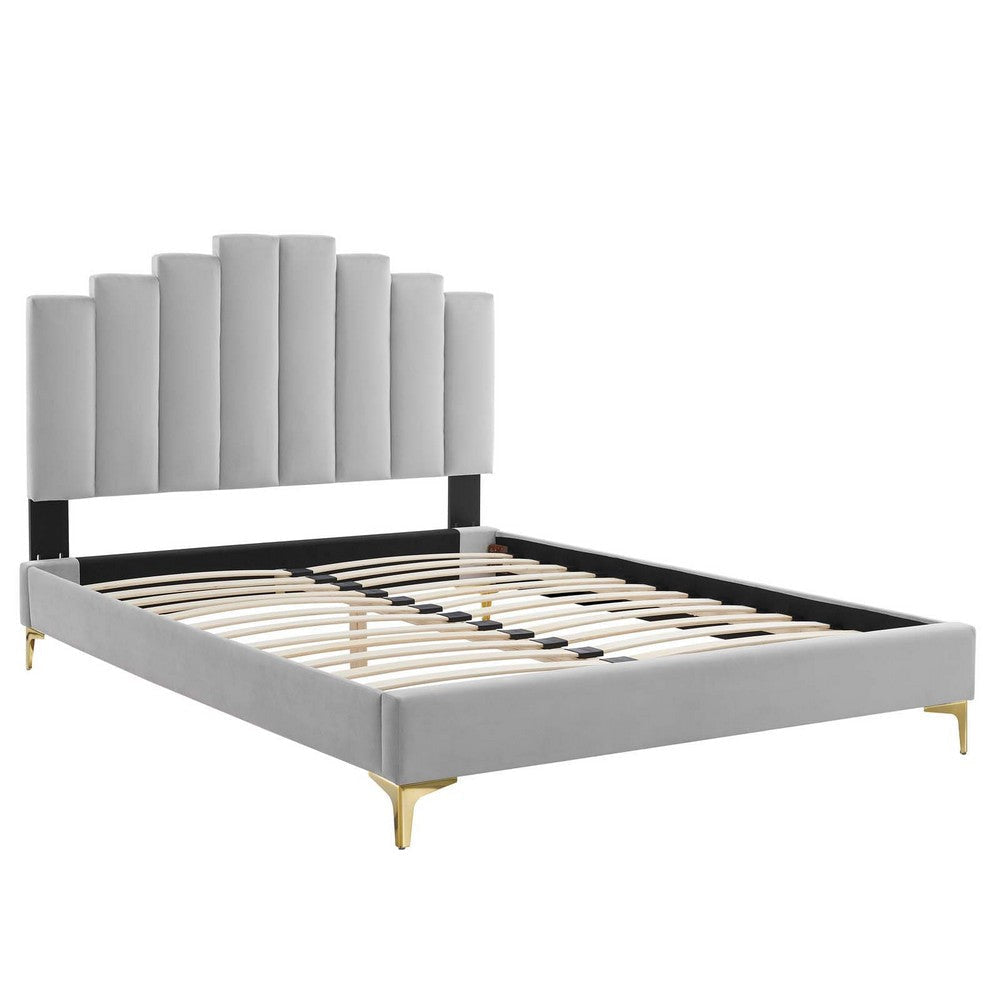 Modway Elise Channel Tufted Performance Velvet Twin Platform Bed in Light Gray with Gold Metal Legs MDY-MOD-6879-LGR