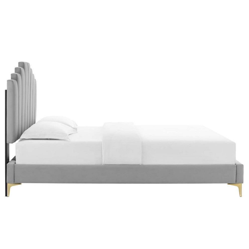 Modway Elise Channel Tufted Performance Velvet Twin Platform Bed in Light Gray with Gold Metal Legs MDY-MOD-6879-LGR