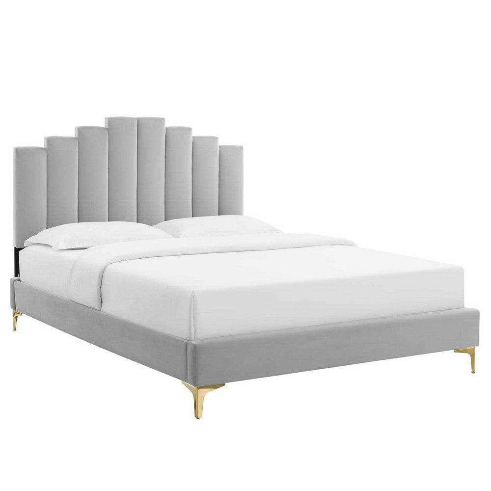 Modway Elise Channel Tufted Performance Velvet Twin Platform Bed in Light Gray with Gold Metal Legs