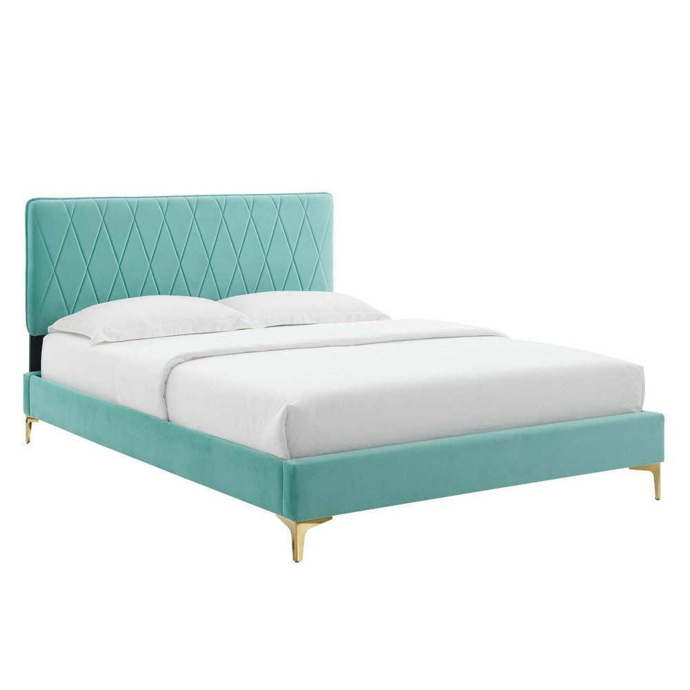 Modway Phillipa Performance Velvet Platform Bed with Gold Legs, King, Mint