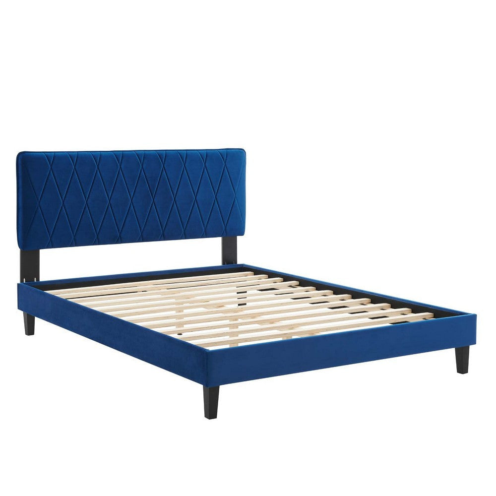 Modway Phillipa Performance Velvet King Platform Bed in Navy with Black Wood Legs MDY-MOD-6930-NAV