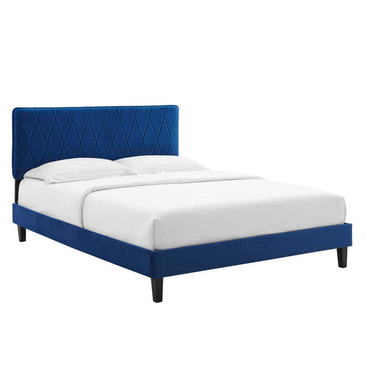 Modway Phillipa Performance Velvet King Platform Bed in Navy with Black Wood Legs