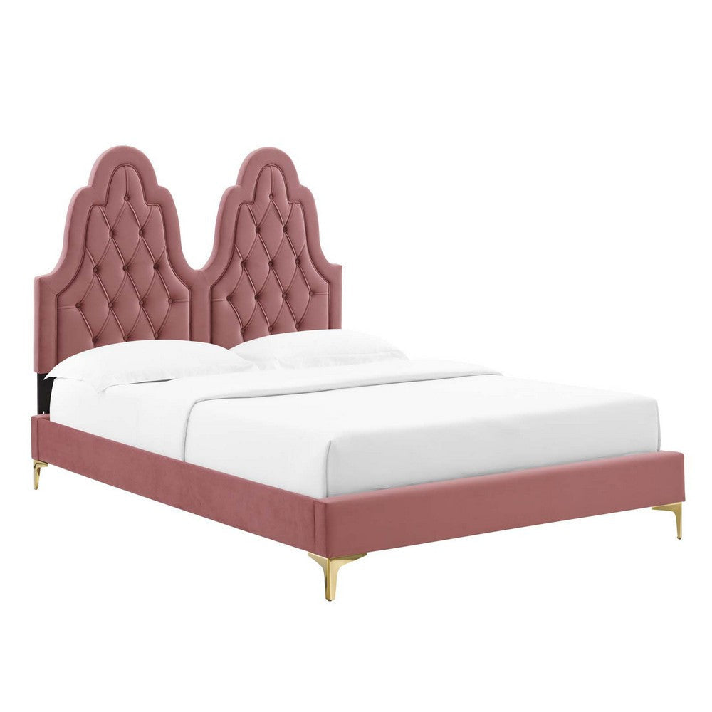 Modway Alexandria Tufted Performance Velvet Platform Bed with Gold Legs, Twin, Dusty Rose