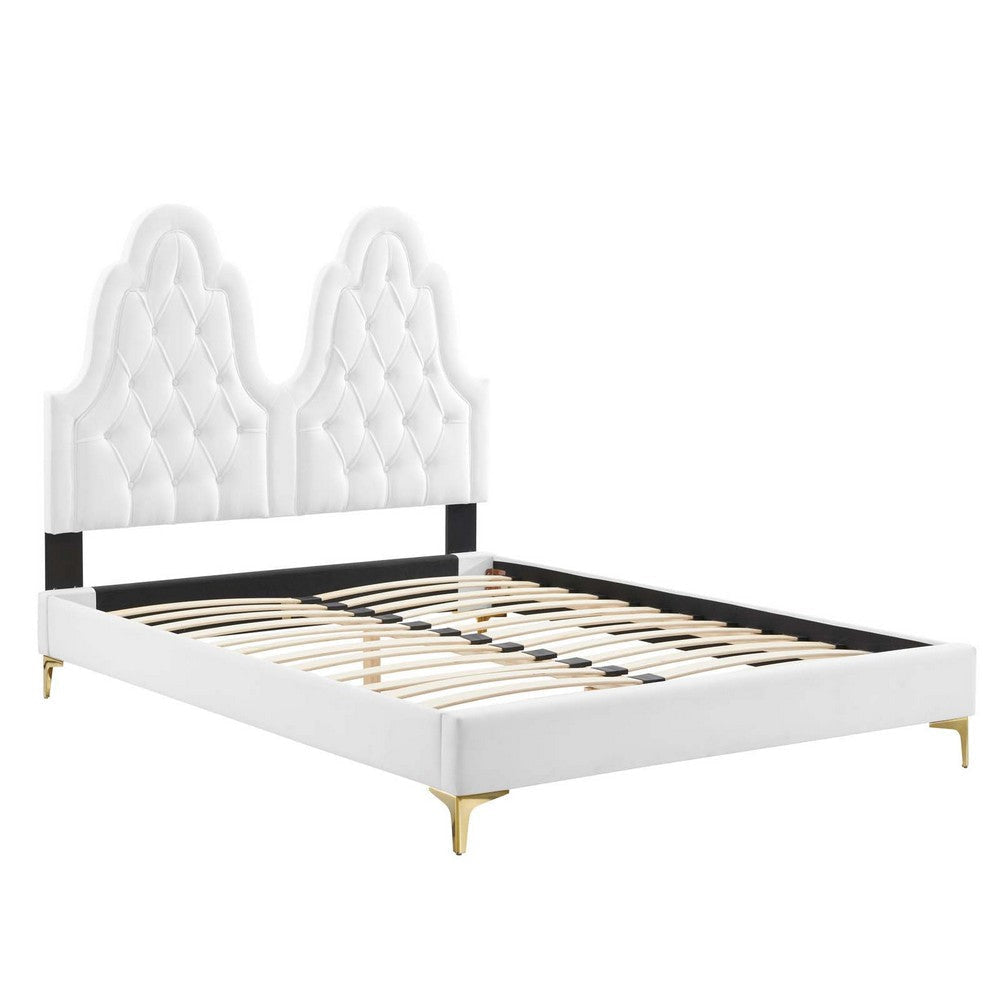 Modway Alexandria Tufted Performance Velvet Platform Bed with Gold Legs Twin White MDY-MOD-6931-WHI