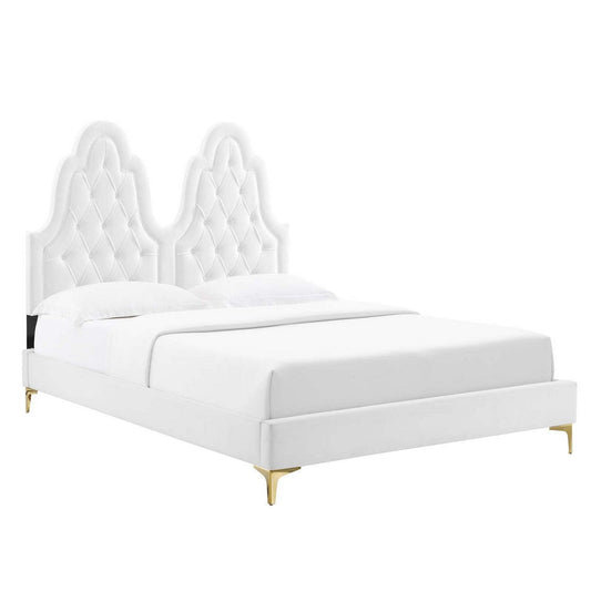 Modway Alexandria Tufted Performance Velvet Platform Bed with Gold Legs, Twin, White