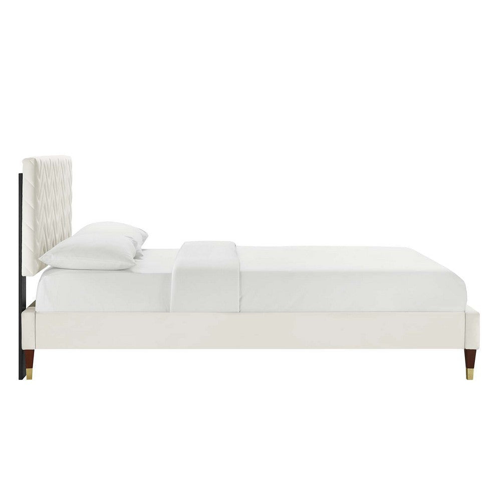 Modway MOD-6969-WHI Leah Chevron Tufted Performance Velvet Queen Platform Bed White MDY-MOD-6969-WHI