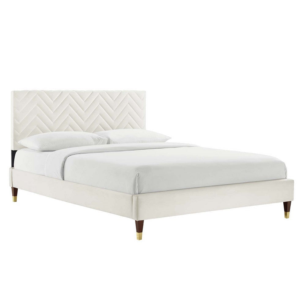 Modway MOD-6969-WHI Leah Chevron Tufted Performance Velvet Queen Platform Bed, White