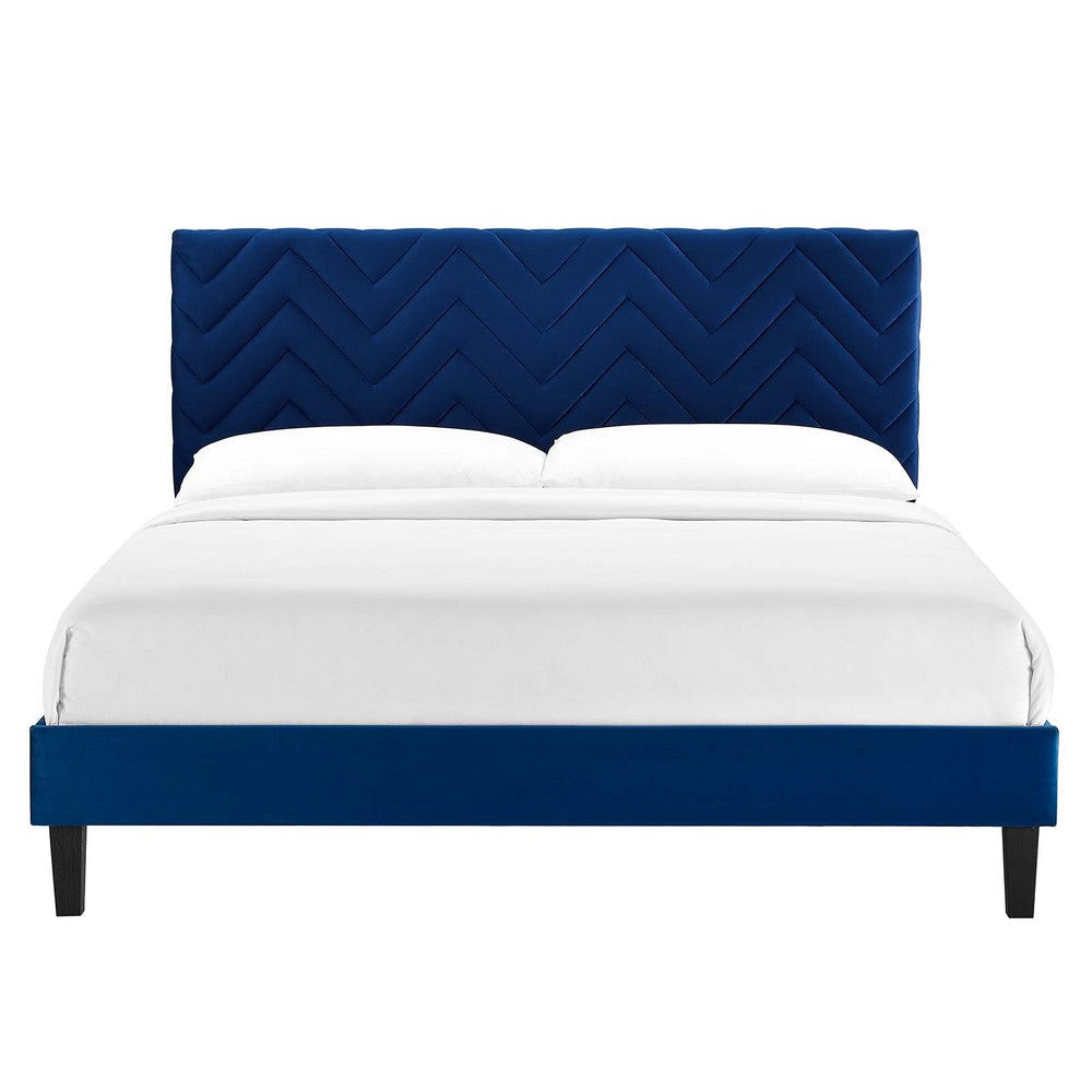 Modway MOD-6973-NAV Leah Chevron Tufted Performance Velvet Queen Platform Bed Navy MDY-MOD-6973-NAV