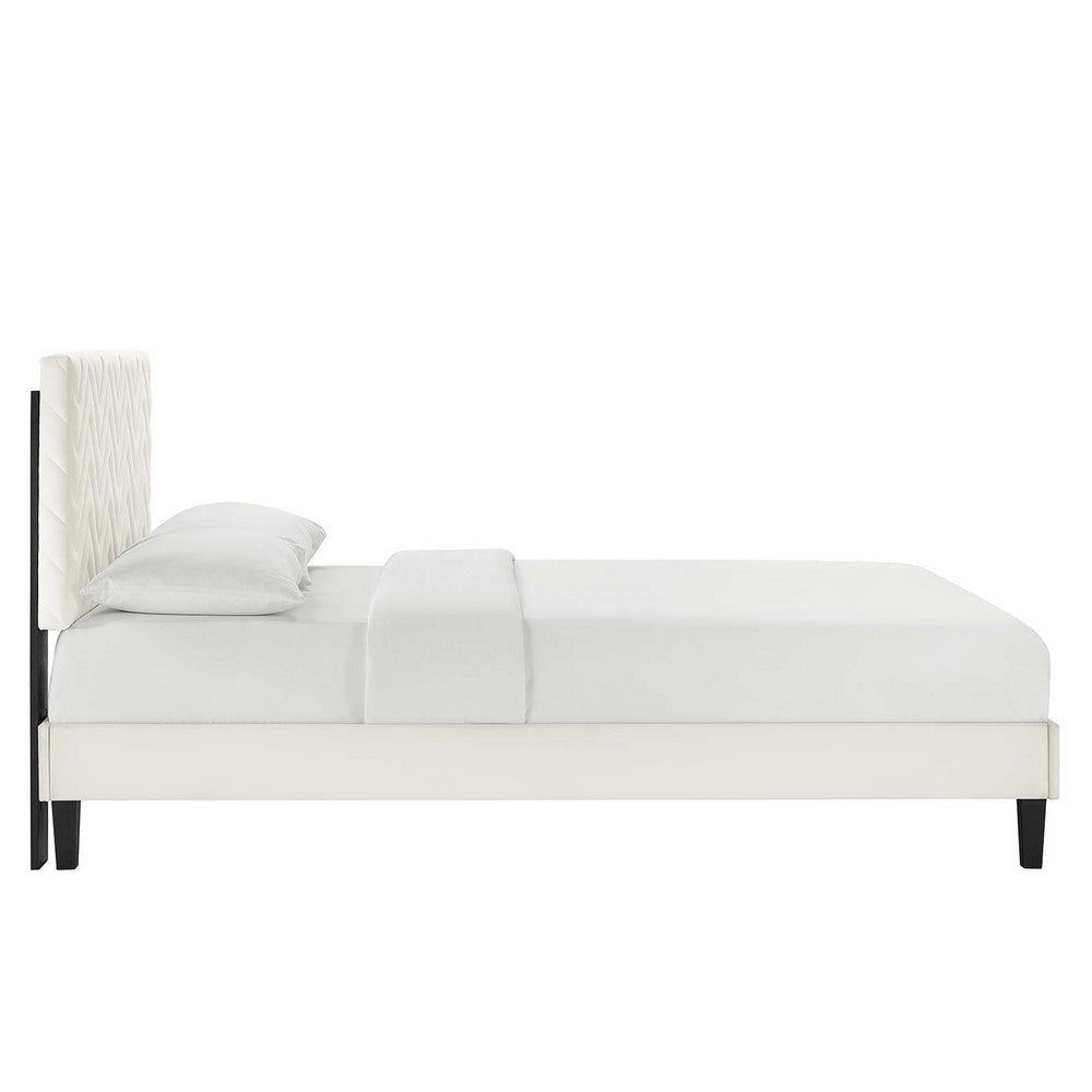 Modway MOD-6973-WHI Leah Chevron Tufted Performance Velvet Queen Platform Bed White MDY-MOD-6973-WHI