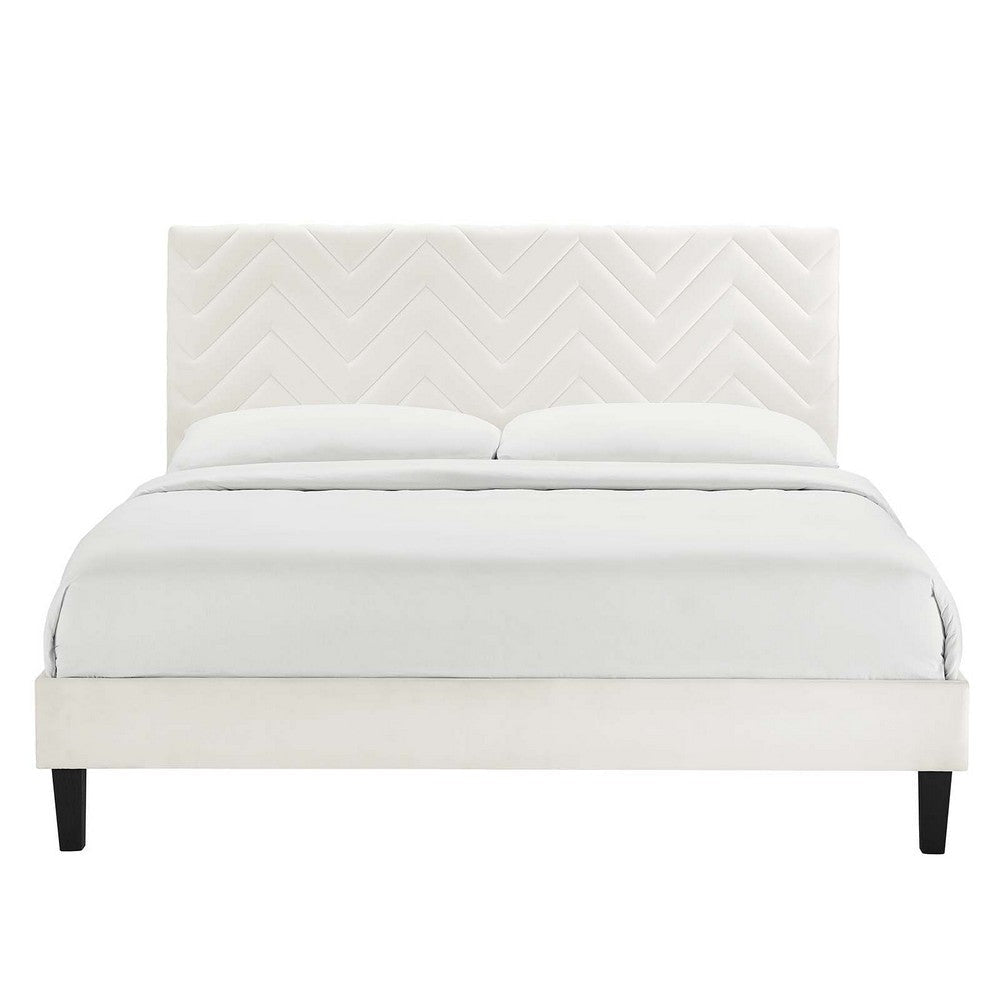 Modway MOD-6973-WHI Leah Chevron Tufted Performance Velvet Queen Platform Bed White MDY-MOD-6973-WHI