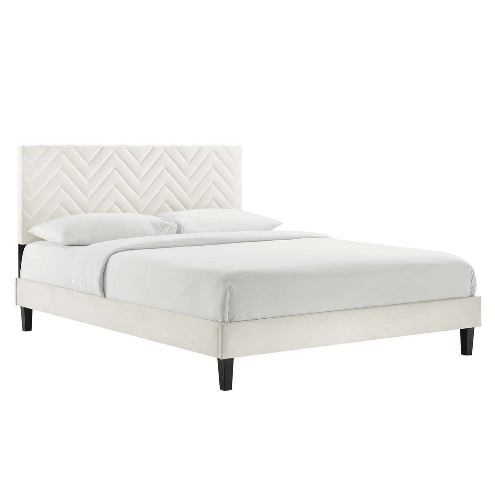 Modway MOD-6973-WHI Leah Chevron Tufted Performance Velvet Queen Platform Bed, White