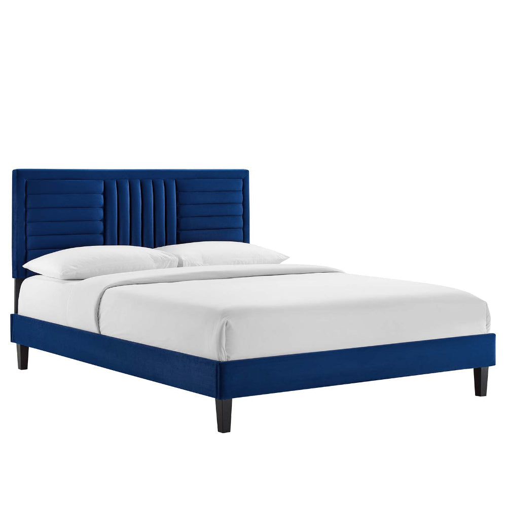 Modway Sofia Channel Tufted Performance Velvet Queen Platform Bed in Navy