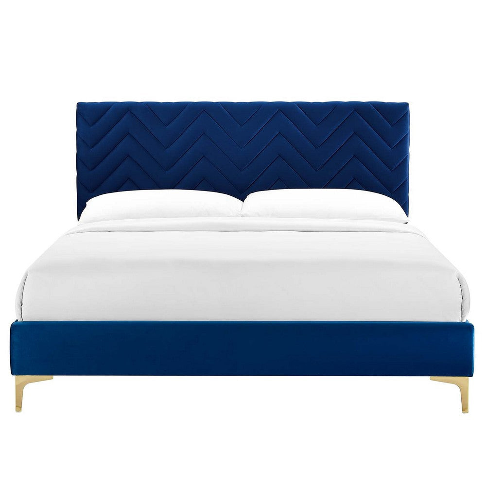 Modway MOD-6977-NAV Leah Chevron Tufted Performance Velvet Queen Platform Bed Navy MDY-MOD-6977-NAV