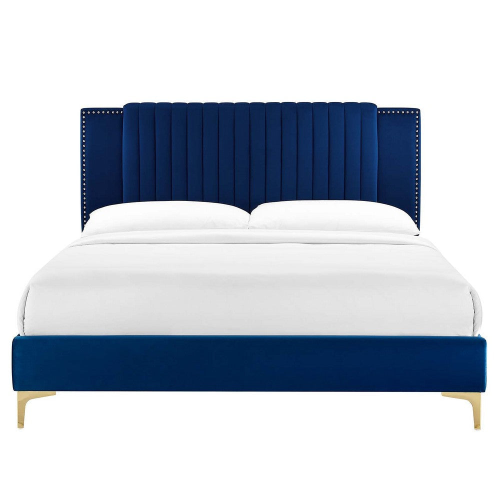 Modway Zahra Channel Tufted Performance Velvet Queen Platform Bed in Navy MDY-MOD-6978-NAV