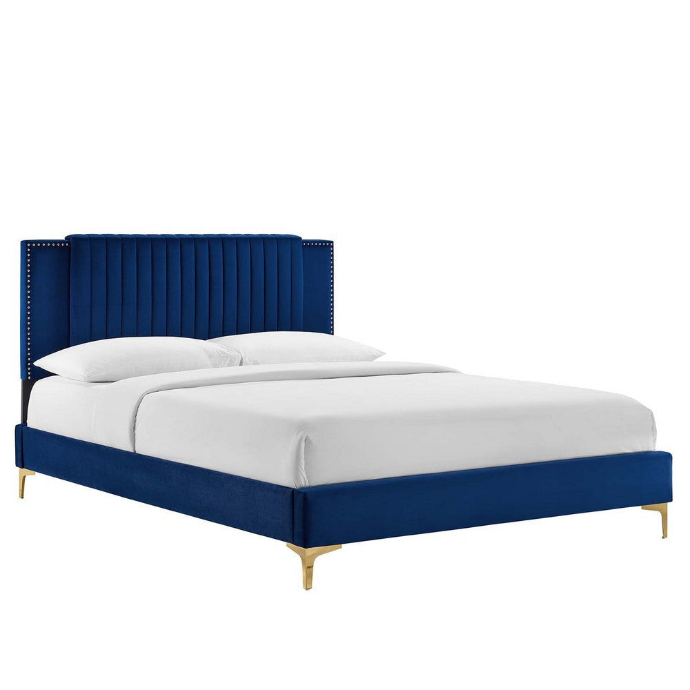 Modway Zahra Channel Tufted Performance Velvet Queen Platform Bed in Navy