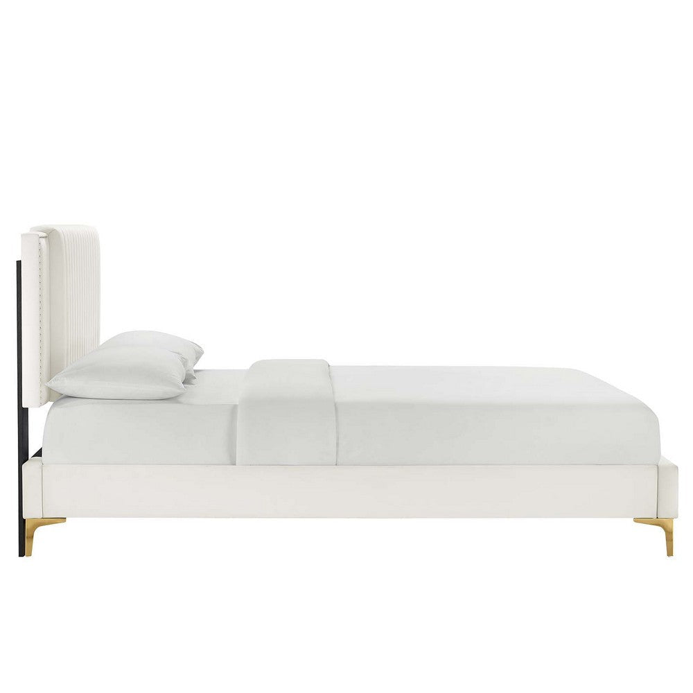 Modway Zahra Channel Tufted Performance Velvet Queen Platform Bed in White MDY-MOD-6978-WHI