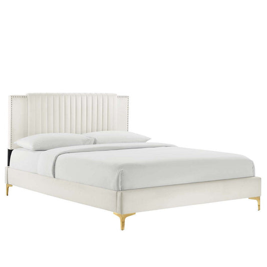 Modway Zahra Channel Tufted Performance Velvet Queen Platform Bed in White